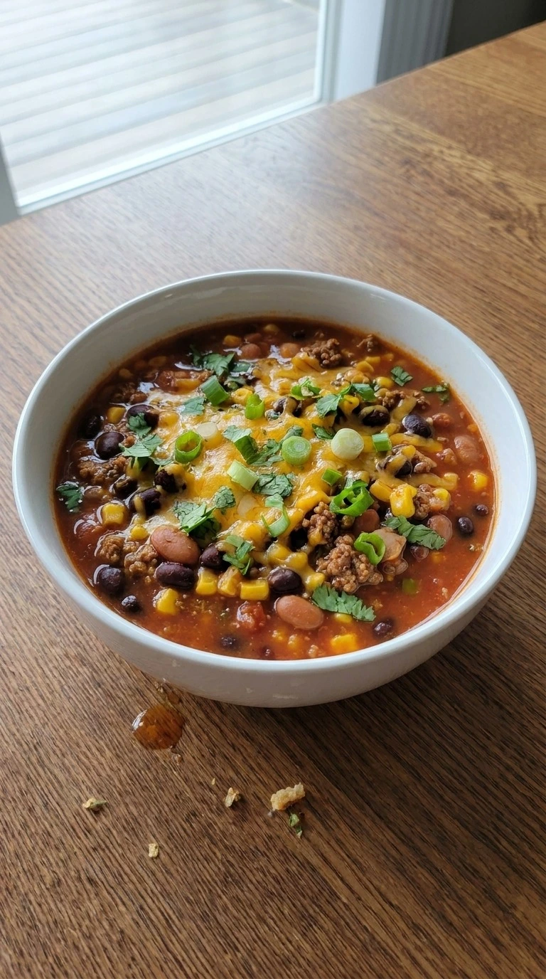 7 Can Taco Soup served bowl with cheese cilantro and beans Recipe focus: 7 can taco soup recipe easy.