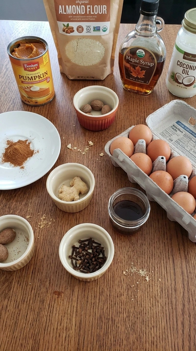 Almond Flour Pumpkin Bread ingredients with almond flour pumpkin and spices Recipe focus: keto pumpkin bread.