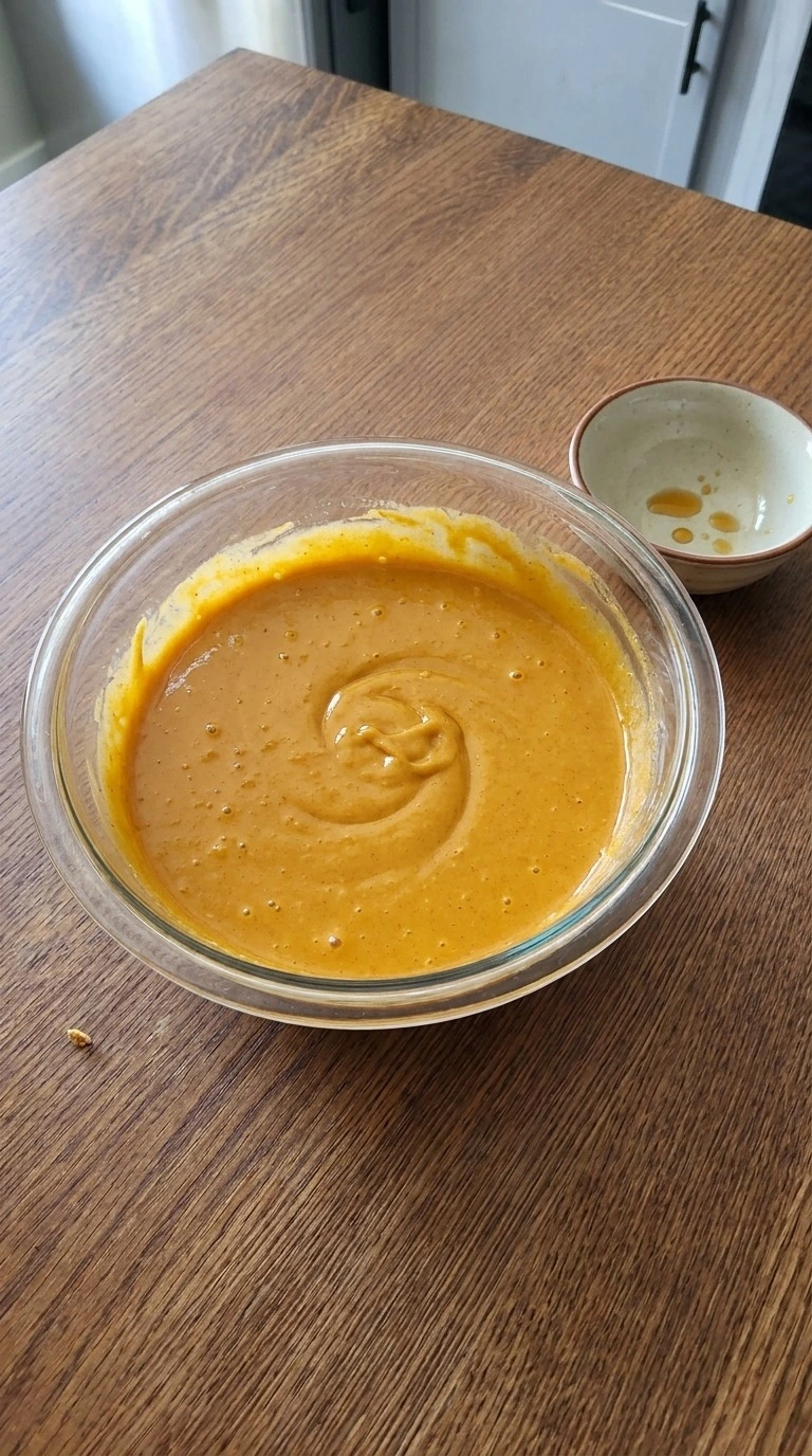 Almond Flour Pumpkin Bread wet mixture with pumpkin puree and eggs combined Recipe focus: low carb pumpkin bread.