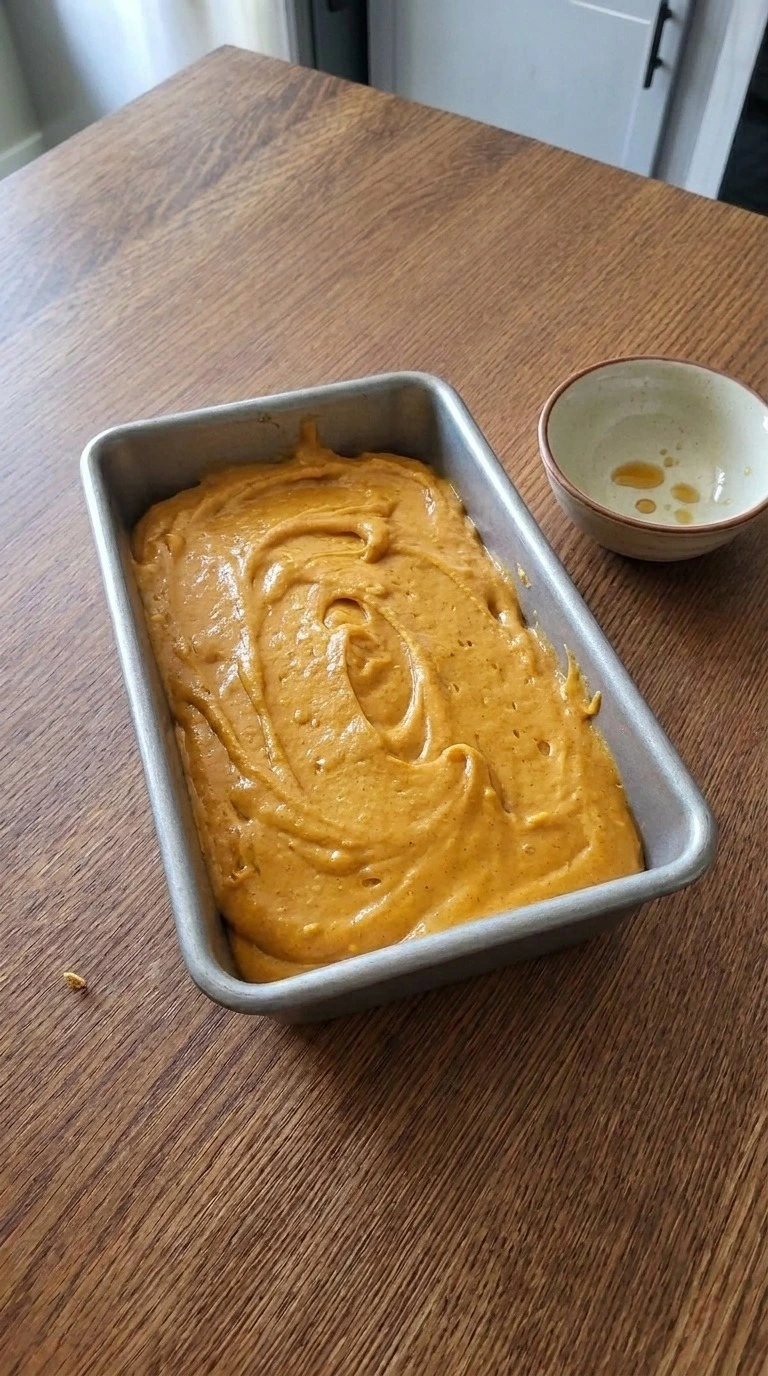 Almond Flour Pumpkin Bread batter spread in loaf pan before baking Recipe focus: sugar free pumpkin bread.