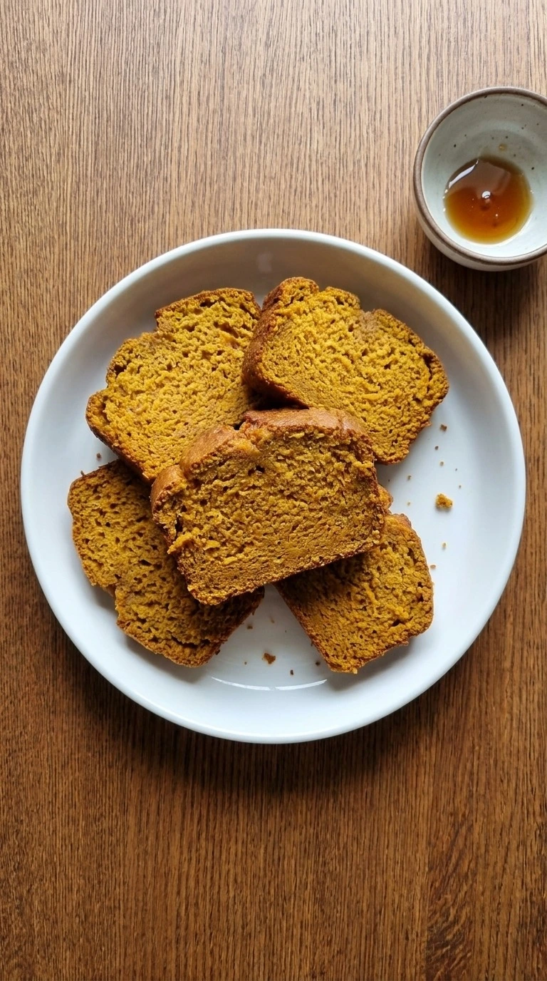 Almond Flour Pumpkin Bread sliced loaf showing moist orange center Recipe focus: gluten free pumpkin bread recipe.