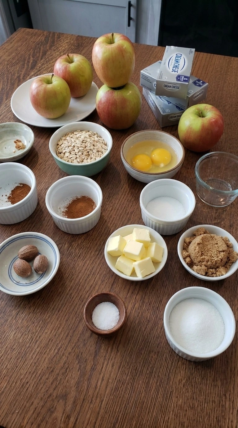 Apple Crisp Cheesecake ingredients with apples oats and cream cheese Recipe focus: easy apple crisp cheesecake.