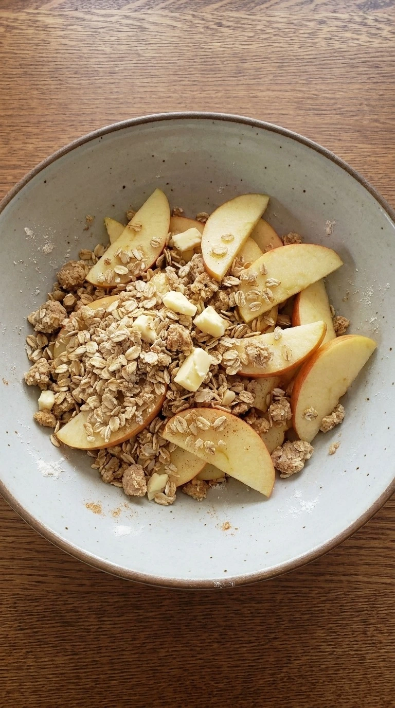 Apple Crisp Cheesecake step 1 with sliced apples and crumble mixture Recipe focus: no bake apple cheesecake.