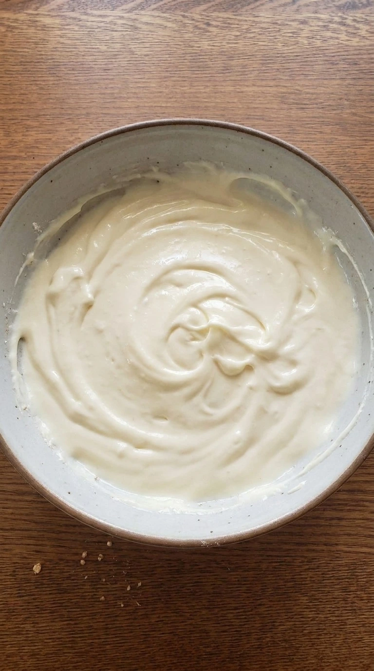 Apple Crisp Cheesecake filling mixed until smooth in a bowl Recipe focus: apple cream cheese dessert.