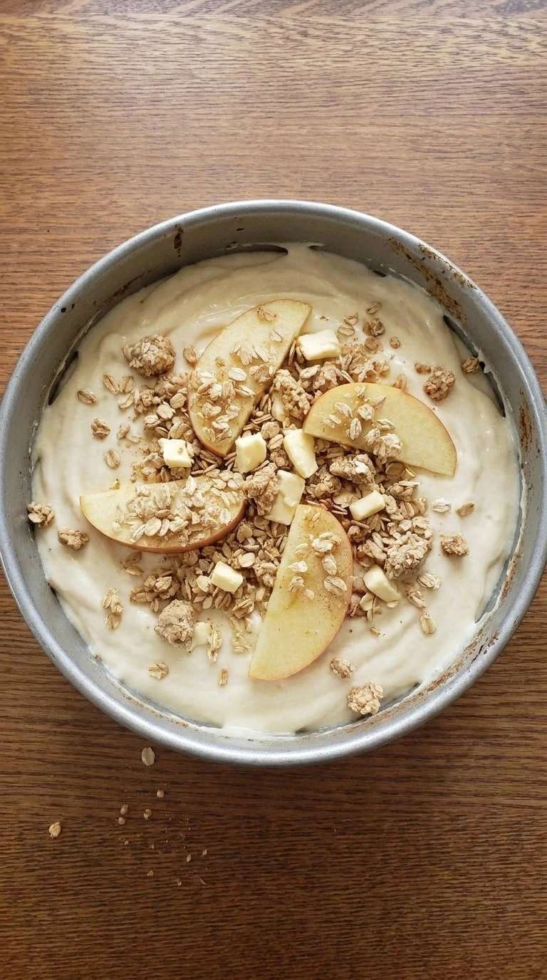 Apple Crisp Cheesecake layered with apples and crumble before baking Recipe focus: apple crisp recipe easy simple.