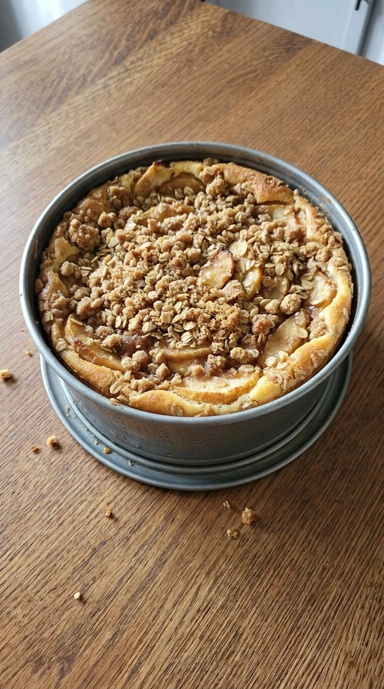 Apple Crisp Cheesecake baked with golden crumble topping cooling Recipe focus: homemade apple crisp easy.