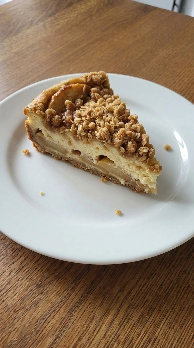 Apple Crisp Cheesecake slice on plate showing creamy layers Recipe focus: apple crisp mini cheesecake.