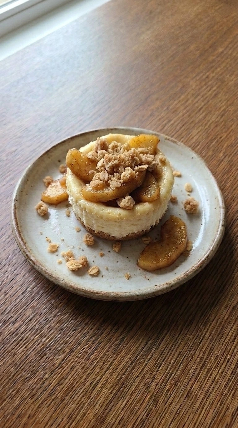 Apple Crisp Mini Cheesecake portions with golden crumb topping and apple layers Recipe focus: mini apple crisp cheesecake.