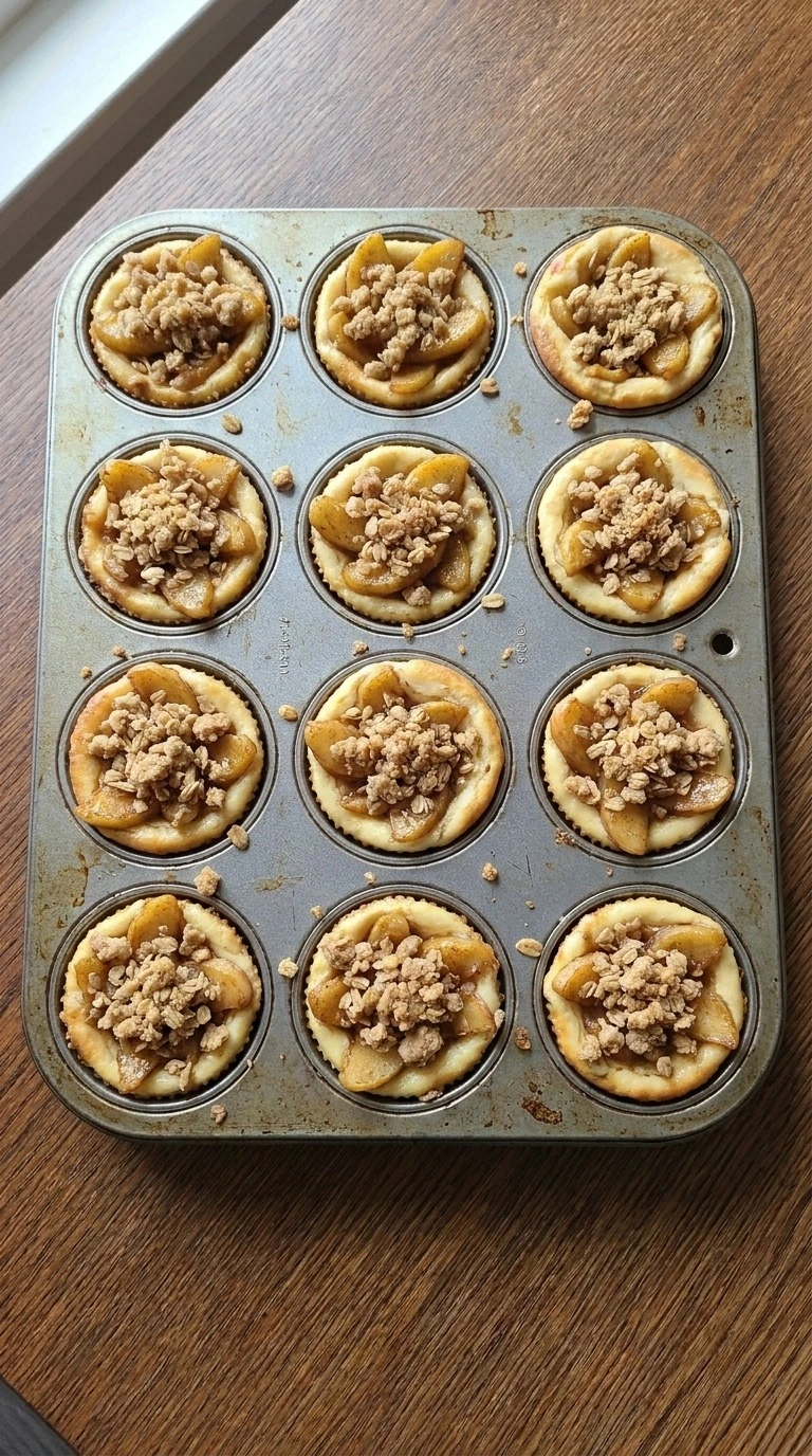 Apple Crisp Mini Cheesecake baking with apple layer and crumb topping Recipe focus: mini apple crisp cheesecake.