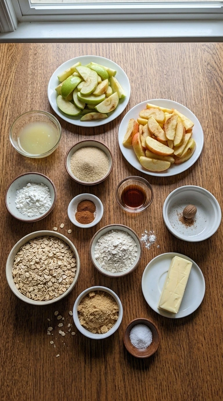 Apple Crisp with Oatmeal Crumble ingredients with two apple varieties, oats, butter, sugar and warm spices Recipe focus: best apple crisp recipe ever.