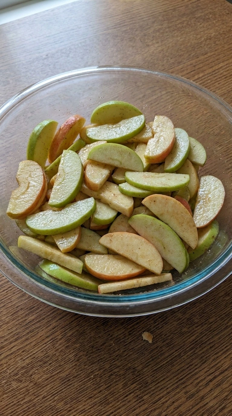 Apple Crisp with Oatmeal Crumble step with sliced Granny Smith and Honeycrisp apples coated in cinnamon Recipe focus: best apple crumble recipe.