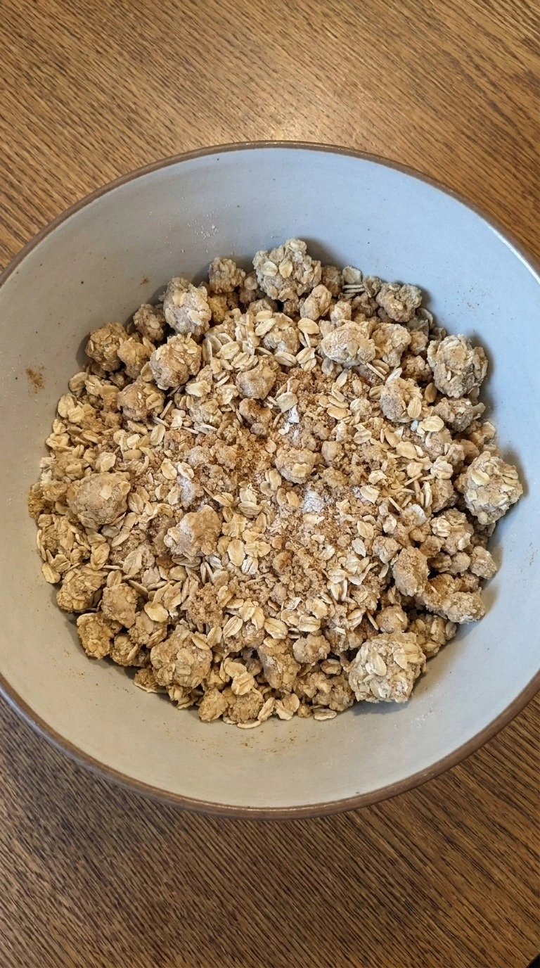 Apple Crisp with Oatmeal Crumble step with cold butter rubbed into oats, flour and brown sugar Recipe focus: apple crisp with canned apple filling.
