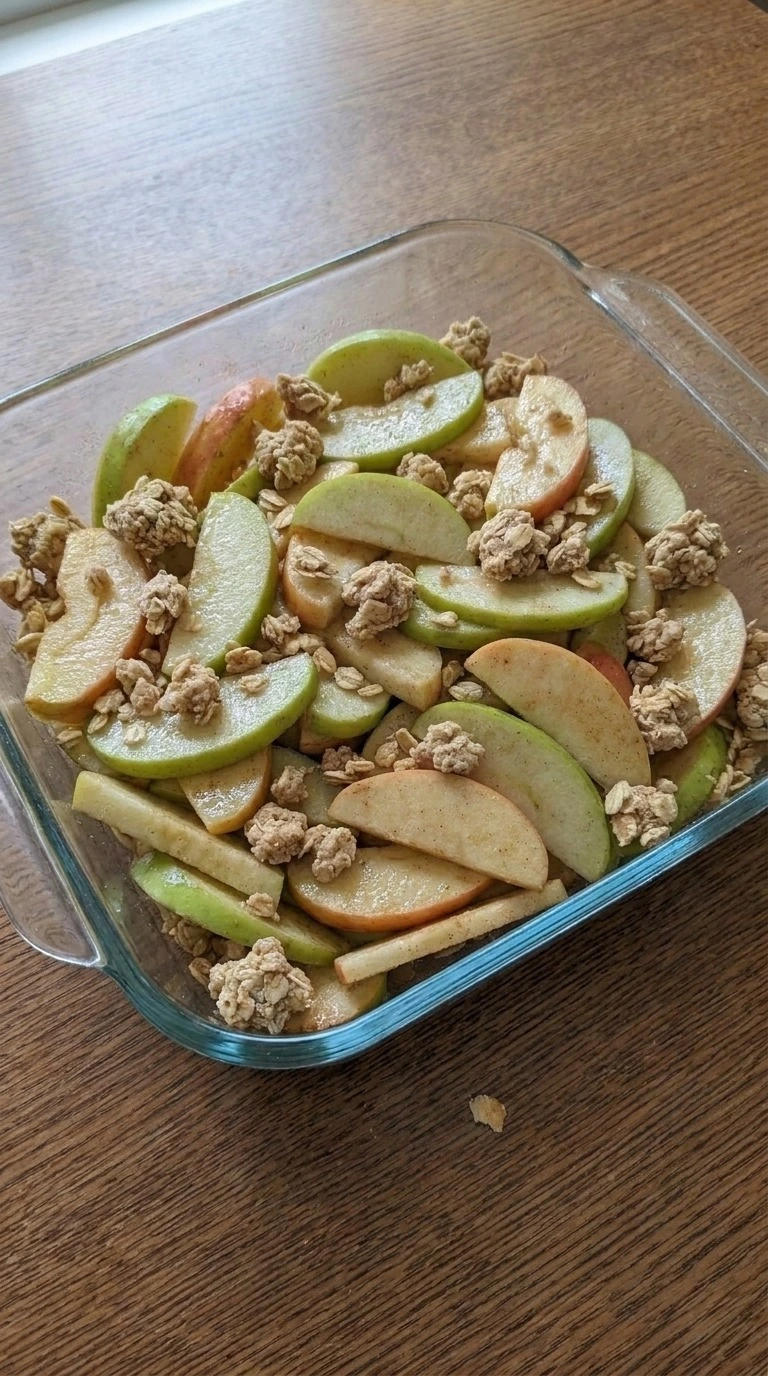 Apple Crisp with Oatmeal Crumble step with spiced apples layered under loose oat crumble clusters Recipe focus: easy apple crisp with pie filling.