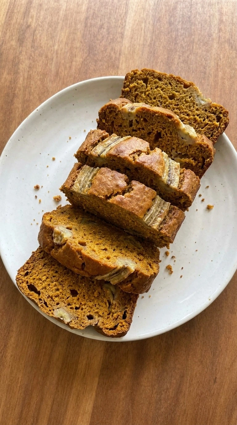Banana Pumpkin Bread sliced loaf showing golden crust and moist pumpkin banana crumb Recipe focus: banana pumpkin bread recipe.