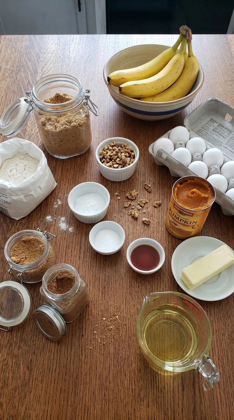 Banana Pumpkin Bread ingredients with bananas pumpkin puree flour and spices arranged separately Recipe focus: pumpkin bread with bananas.
