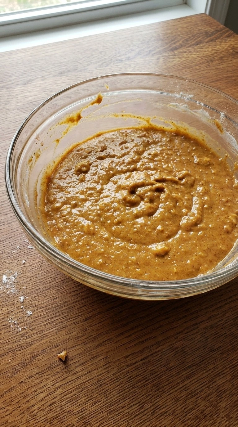 Banana Pumpkin Bread batter mixed with flour spices and pumpkin texture Recipe focus: healthy pumpkin bread recipe.