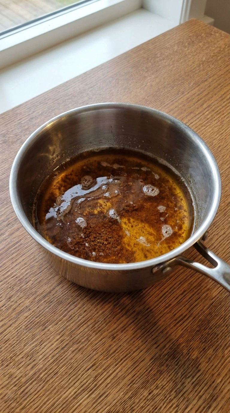 Brown Butter Pumpkin Bread step showing amber browned butter in pan Recipe focus: best pumpkin bread recipe.