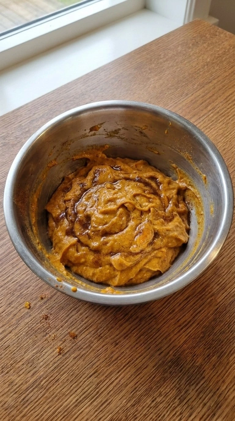 Brown Butter Pumpkin Bread batter mixed with pumpkin and spices Recipe focus: sour cream pumpkin bread.