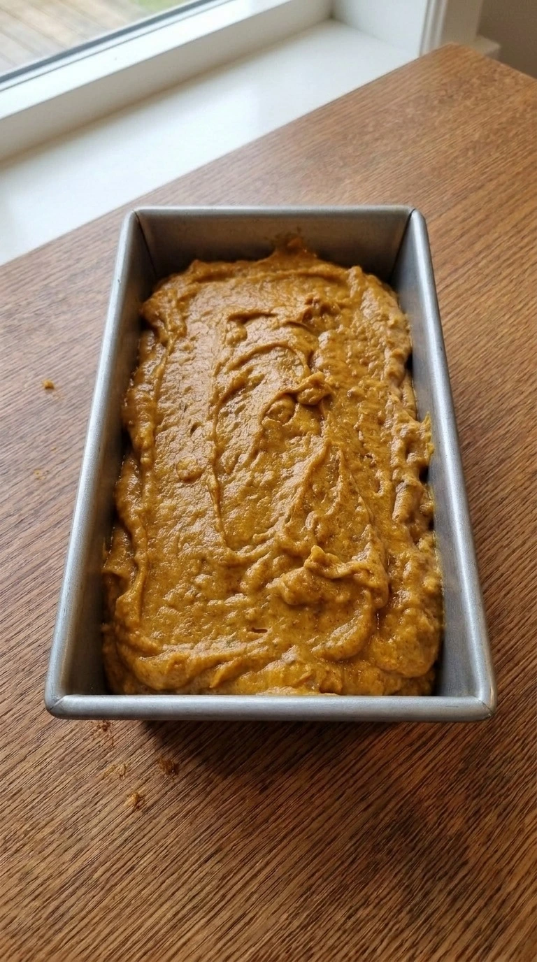Brown Butter Pumpkin Bread batter inside loaf pan before oven bake Recipe focus: buttermilk recipes.