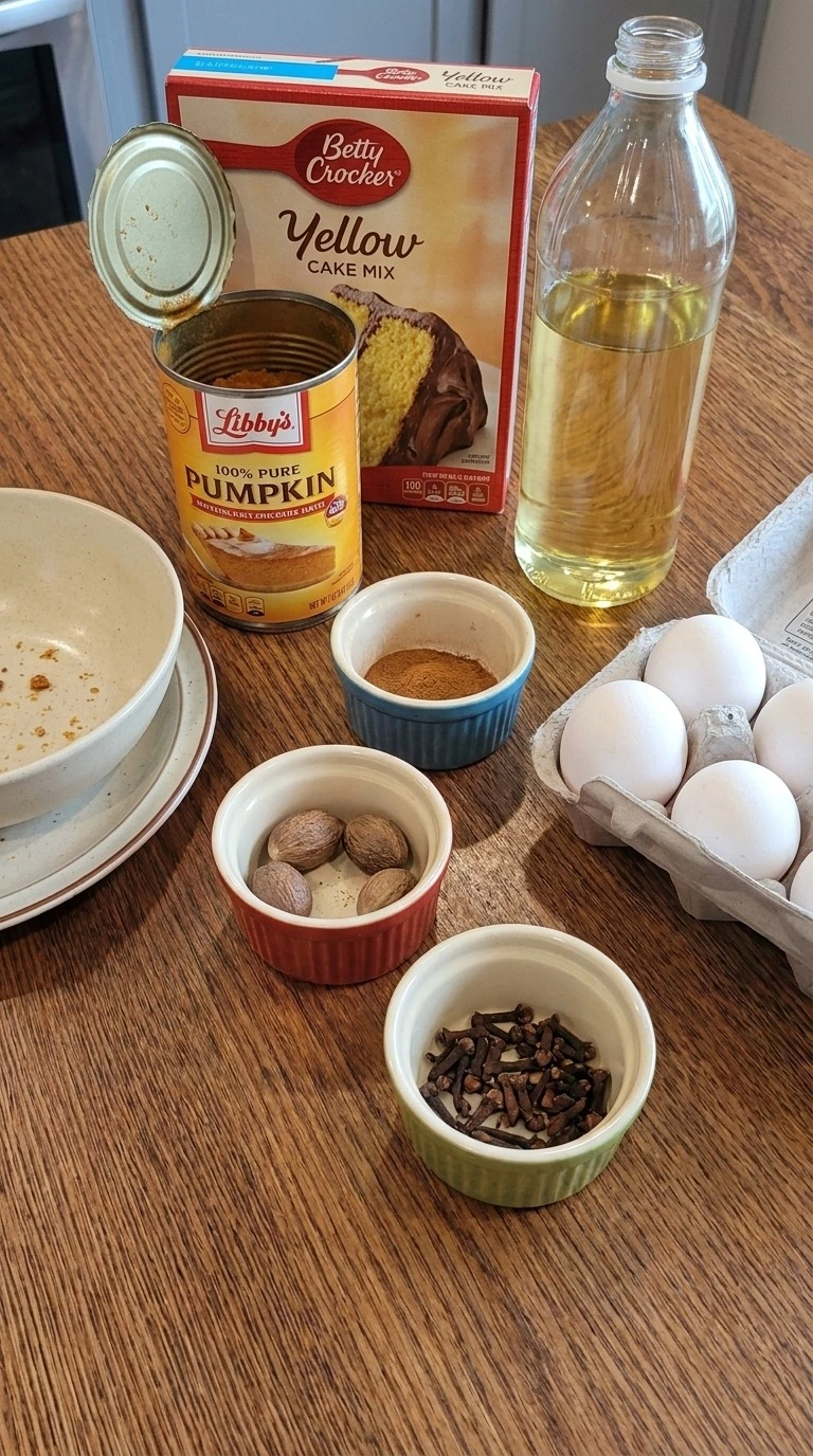 Cake Mix Pumpkin Bread ingredients with pumpkin puree and yellow cake mix Recipe focus: pumpkin bread with cake mix.