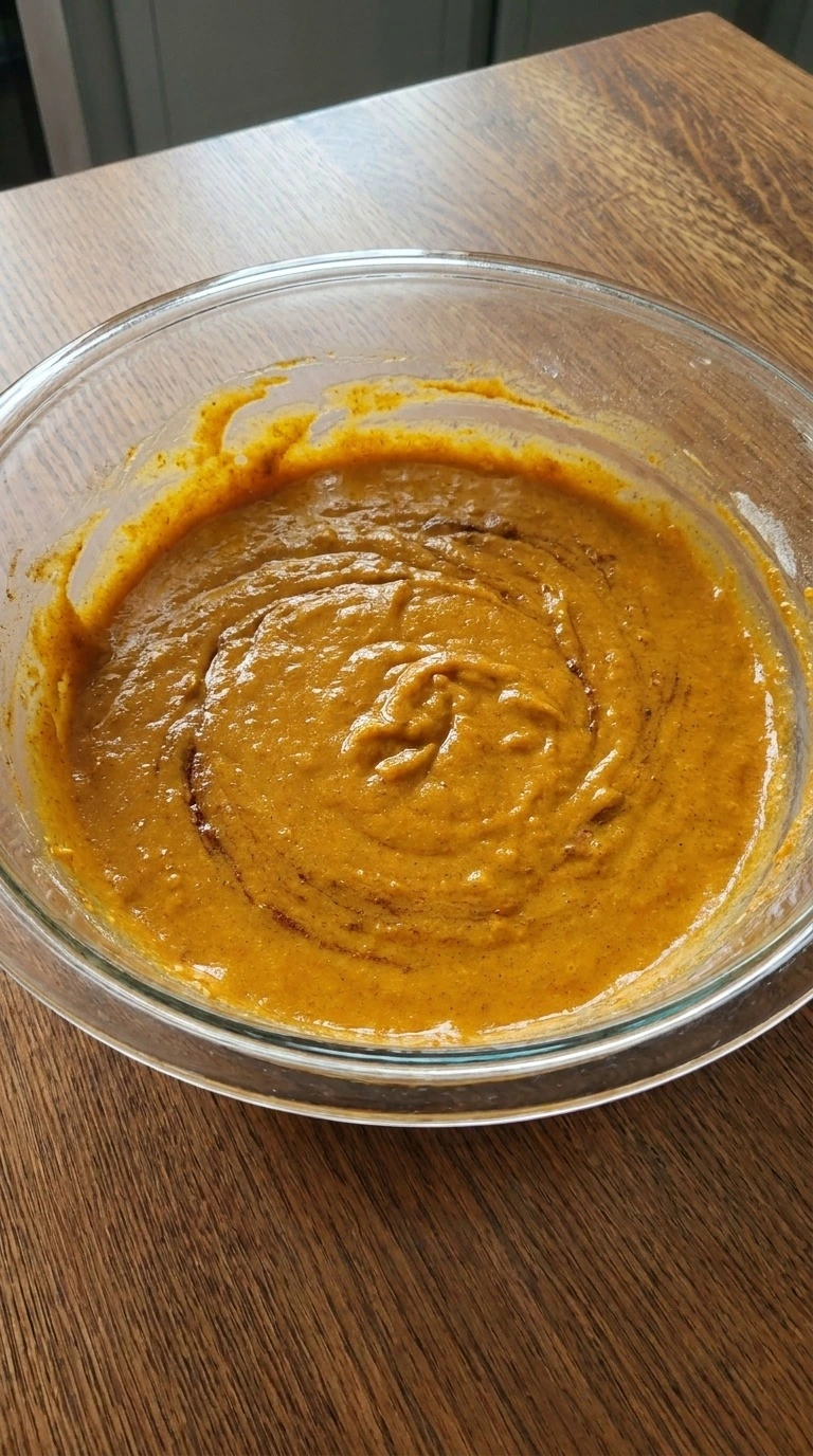 Cake Mix Pumpkin Bread batter blended with pumpkin puree in bowl Recipe focus: cake mix and pumpkin puree.