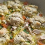 Chicken and Dumplings with Biscuits in a bowl with golden biscuit pieces Recipe focus: chicken and dumplings recipe.