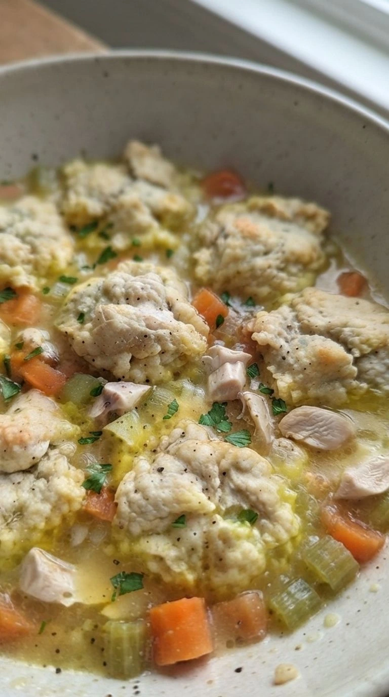 Chicken and Dumplings with Biscuits in a bowl with golden biscuit pieces Recipe focus: chicken and dumplings recipe.