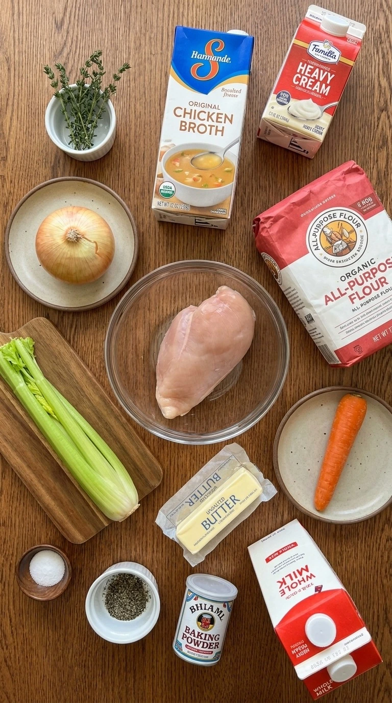 Chicken and Dumplings with Biscuits ingredients arranged before cooking Recipe focus: easy chicken and dumplings.