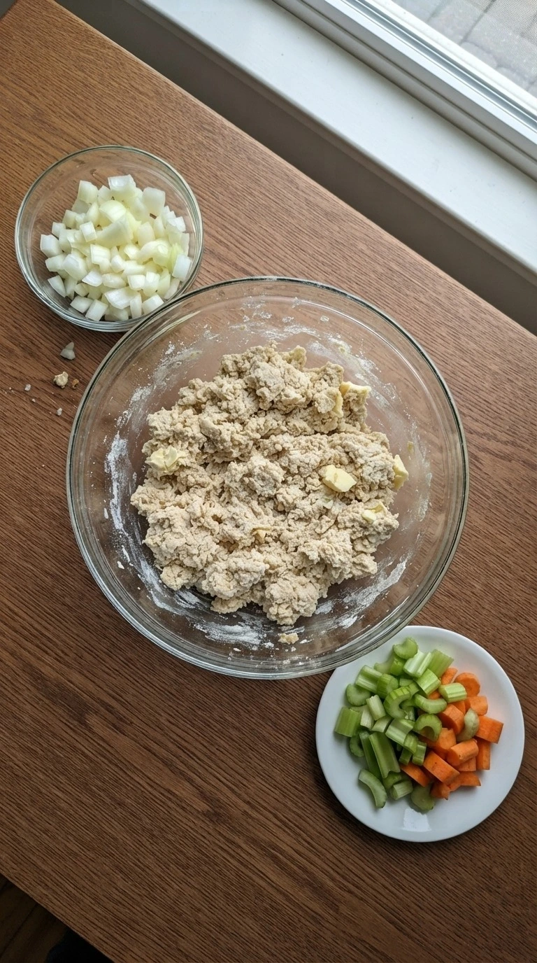 Chicken and Dumplings with Biscuits dough and vegetables during preparation Recipe focus: easy chicken and dumplings with biscuits.