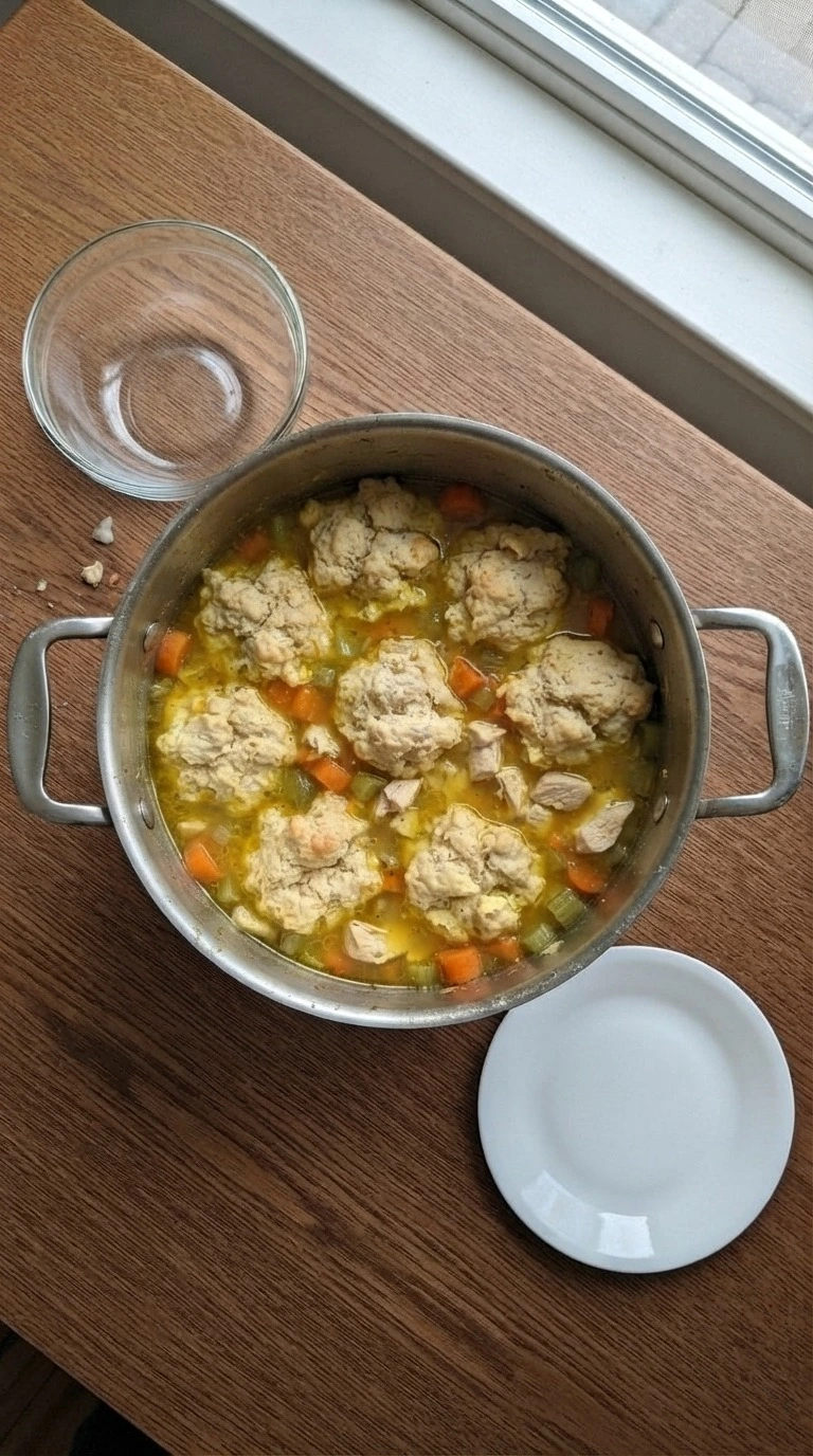 Chicken and Dumplings with Biscuits chicken filling simmering in broth Recipe focus: chicken and dumplings recipe.