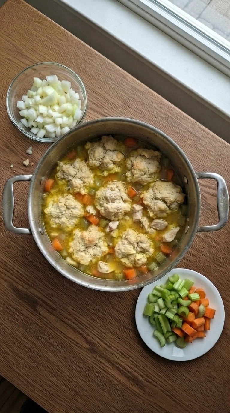 Chicken and Dumplings with Biscuits creamy filling thickening in pot Recipe focus: chicken and dumplings recipe.