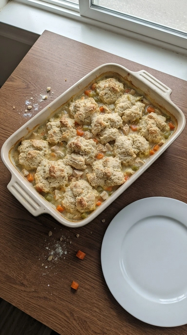 Chicken and Dumplings with Biscuits biscuits baking over creamy chicken filling Recipe focus: easy chicken and dumplings.