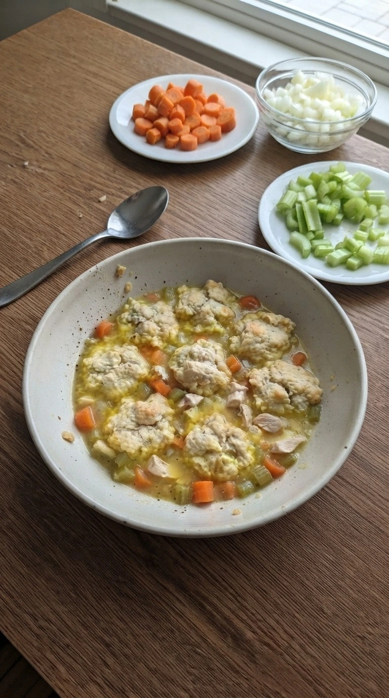 Chicken and Dumplings with Biscuits served portion with biscuits and creamy filling Recipe focus: easy chicken and dumplings.