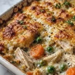 Chicken Pot Pie Casserole with golden biscuit topping and creamy filling Recipe focus: chicken pot pie recipe with biscuits.