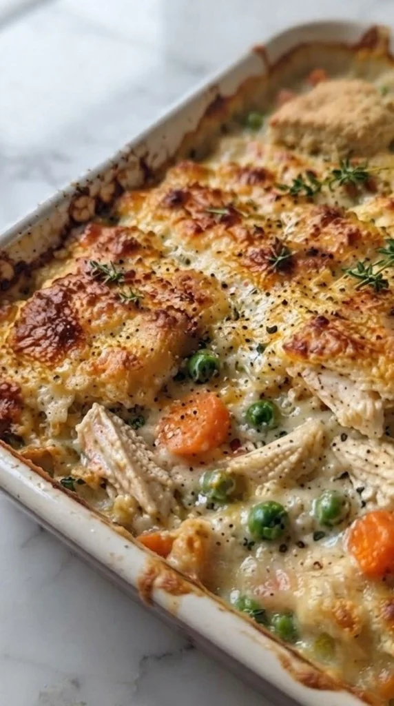 Chicken Pot Pie Casserole with golden biscuit topping and creamy filling Recipe focus: chicken pot pie recipe with biscuits.