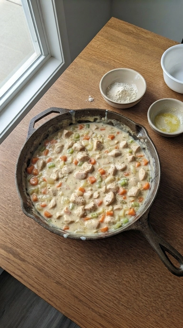 Chicken pot pie casserole with biscuits for family dinners