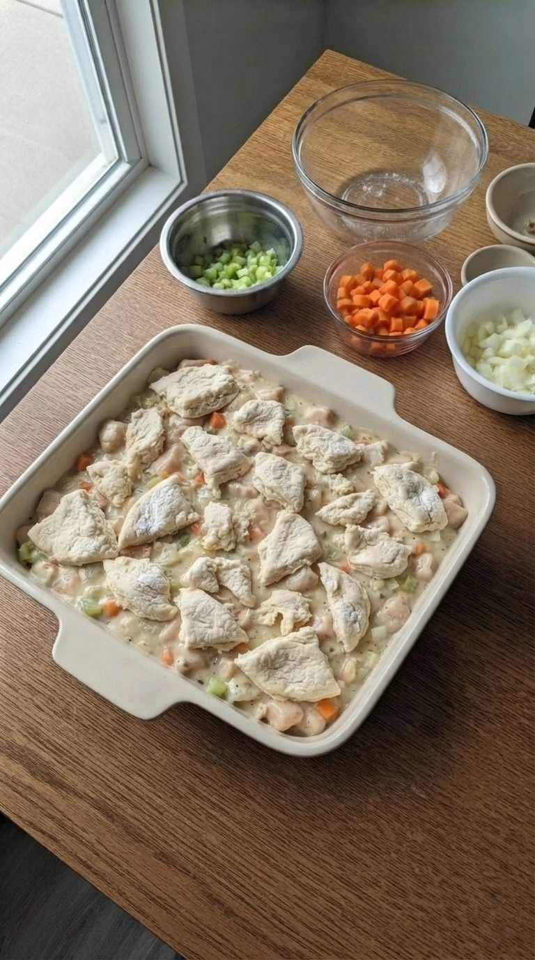 Chicken Pot Pie Casserole biscuit topping layered before baking Recipe focus: chicken pot pie recipe with biscuits.