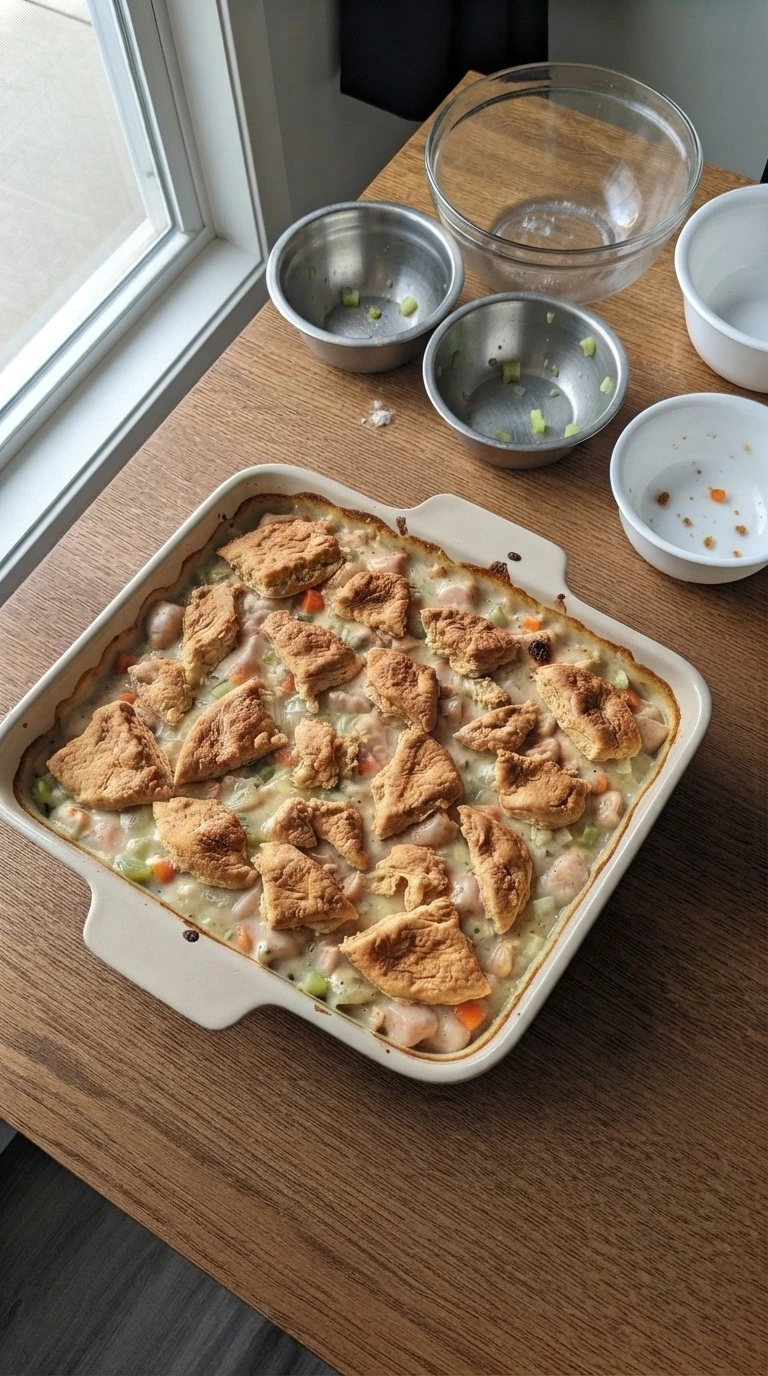 Chicken Pot Pie Casserole baking with golden biscuit topping Recipe focus: chicken pot pie recipe with biscuits.