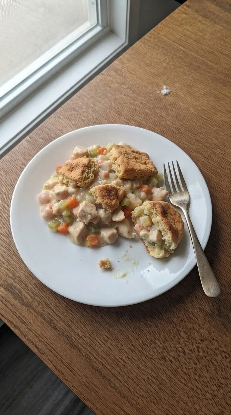 Chicken Pot Pie Casserole serving portion with biscuit and filling Recipe focus: bisquick chicken pot pie.