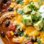 Chicken Taco Soup in a bowl with tender chicken beans and taco toppings Recipe focus: taco soup recipe.