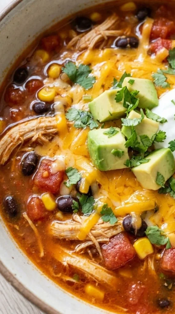 Chicken Taco Soup in a bowl with tender chicken beans and taco toppings Recipe focus: taco soup recipe.