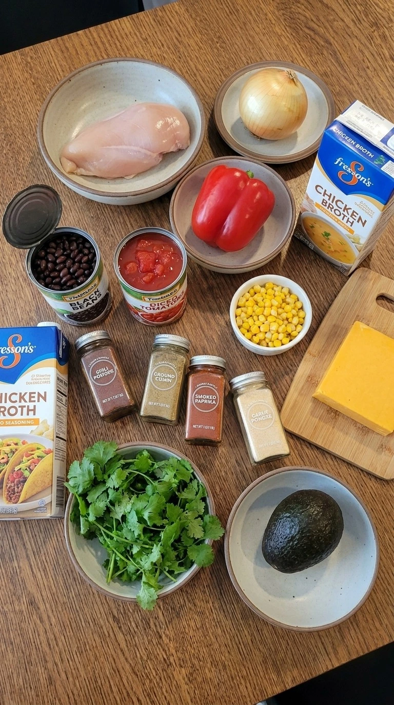 Chicken Taco Soup ingredients with vegetables beans chicken and spices Recipe focus: taco soup crock pot.