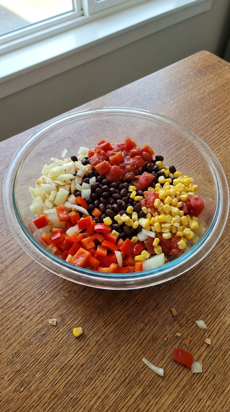 Chicken Taco Soup base ingredients mixed before simmering Recipe focus: chicken taco soup crock pot.