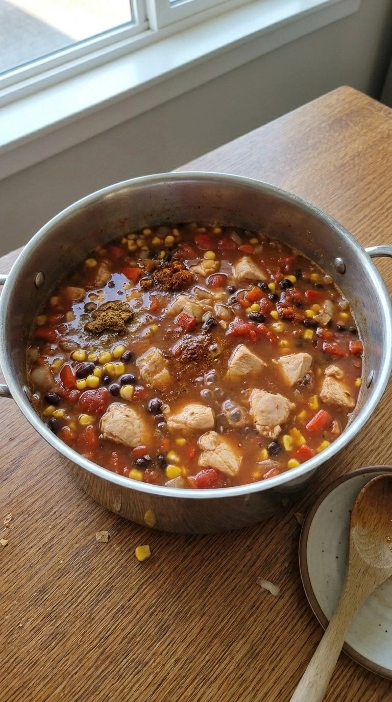 Chicken Taco Soup simmering with chicken beans and taco spices Recipe focus: taco soup recipe.