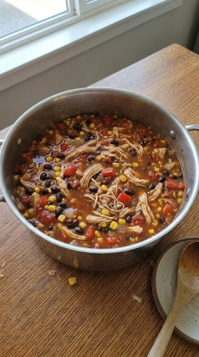 Chicken Taco Soup with shredded chicken mixed into thick broth Recipe focus: taco soup recipe.
