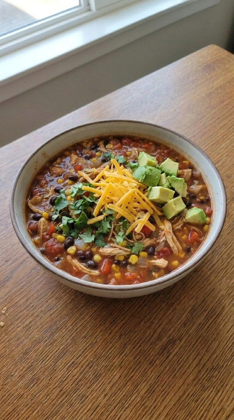 Chicken Taco Soup served with cheese cilantro and avocado toppings Recipe focus: taco soup crock pot.