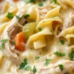 Creamy Chicken Noodle Soup with tender chicken noodles and creamy broth in bowl Recipe focus: chicken noodle soup homemade.