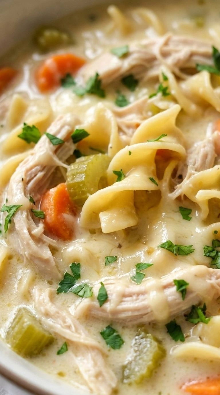 Creamy Chicken Noodle Soup with tender chicken noodles and creamy broth in bowl Recipe focus: chicken noodle soup homemade.