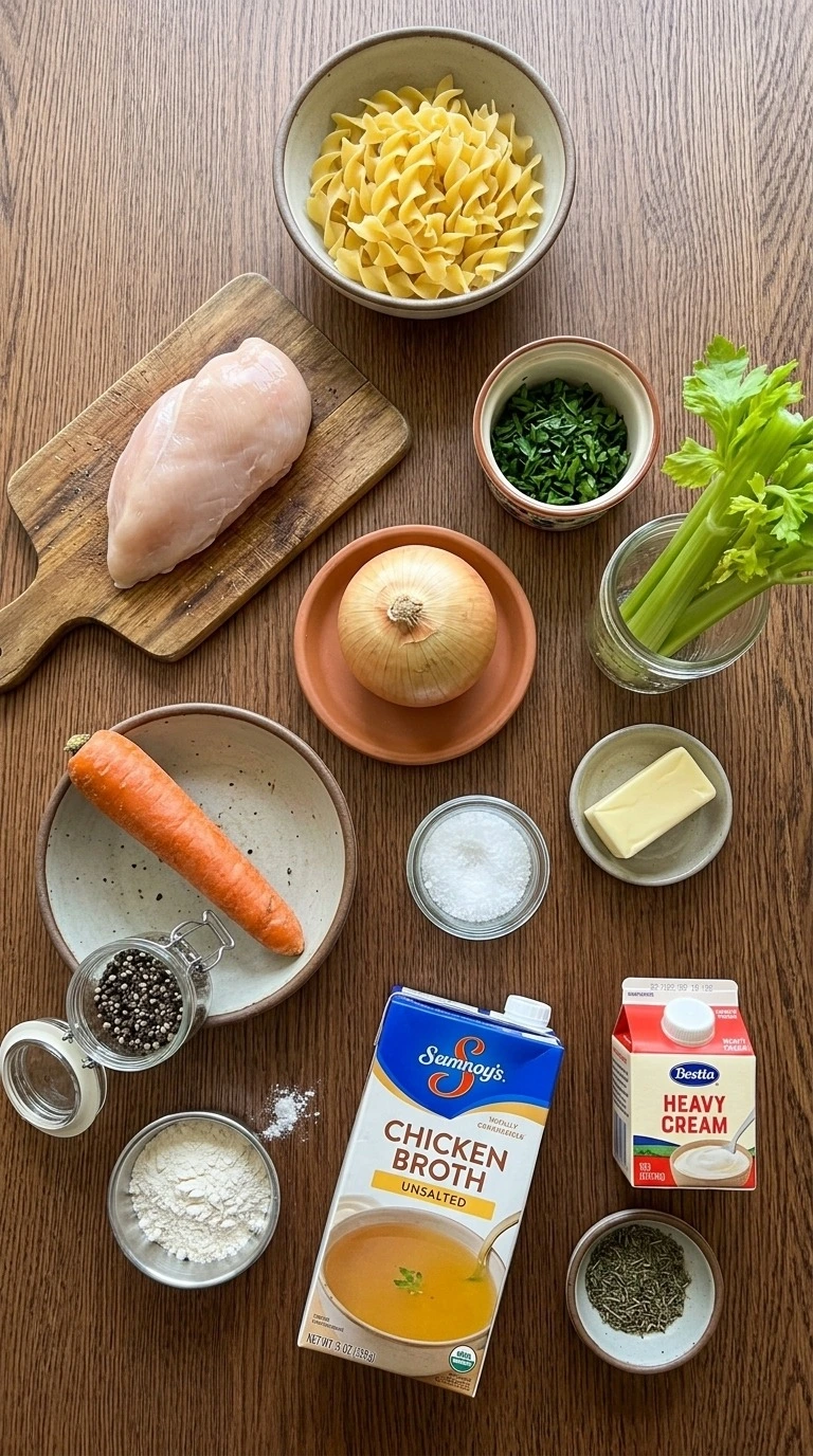 Creamy Chicken Noodle Soup ingredients with chicken vegetables noodles and seasonings Recipe focus: chicken noodle soup recipe.