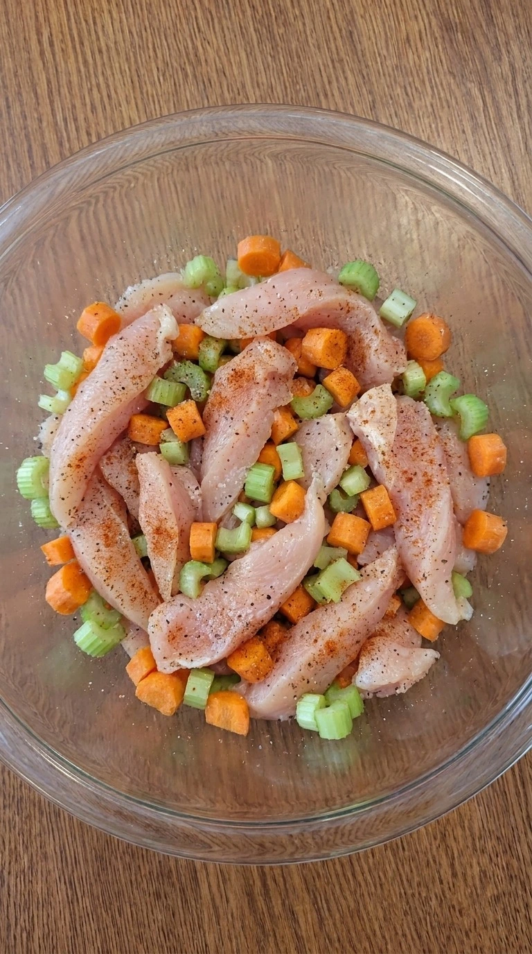 Creamy Chicken Noodle Soup preparation with seasoned chicken strips carrots and celery Recipe focus: easy chicken noodle soup recipe.